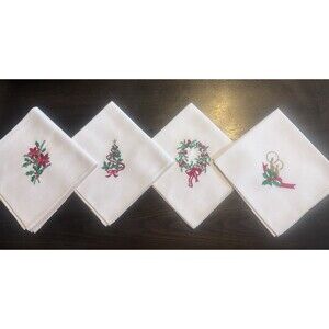 Vintage Embroidered Christmas Napkins- White With Gold Trim No Stains!
